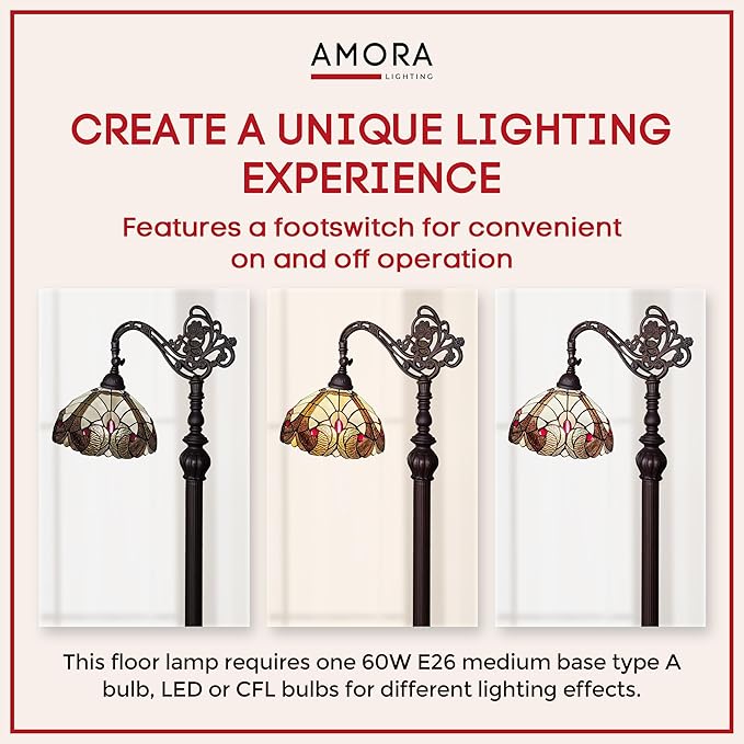 Amora Tiffany Style Floor Lamp Arched Vintage Antique 62" Tall Stained Glass Brown Red Tan Traditional Light Decor Bedroom Living Room Reading Gift AM344FL12 Lighting