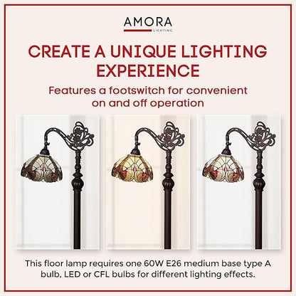 Amora Tiffany Style Floor Lamp Arched Vintage Antique 62" Tall Stained Glass Brown Red Tan Traditional Light Decor Bedroom Living Room Reading Gift AM344FL12 Lighting