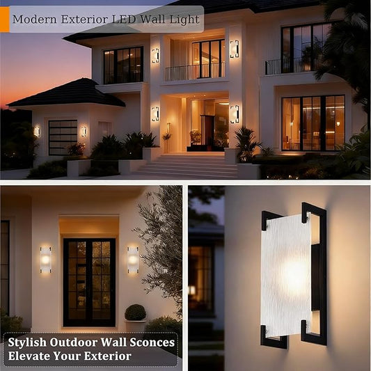 Alighting Modern Black LED Outdoor Wall Sconce – Waterproof Exterior Lighting Fixture with Rippled Glass, 12W 3000K Warm White Outdoor Porch Light for House, Garage, Patio, Garden