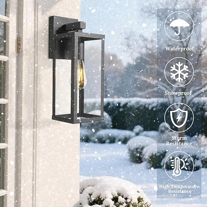 Outdoor Wall Light with Clear Glass, Anti-Rust Exterior Wall Sconce, Weather Resistant Outdoor Lantern, Exterior Lighting for Porch, Patio, Garage, Entryway (Black, 15.5" Height-2 Pack)