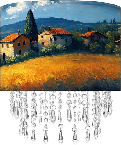 Pastoral Landscape Lamp Shade with Acrylic Bead Droplets, Drum Fabric Light Shade for Ceiling Pendant Table & Floor Lamps, Farmhouse Country Style Decor, 11.8in