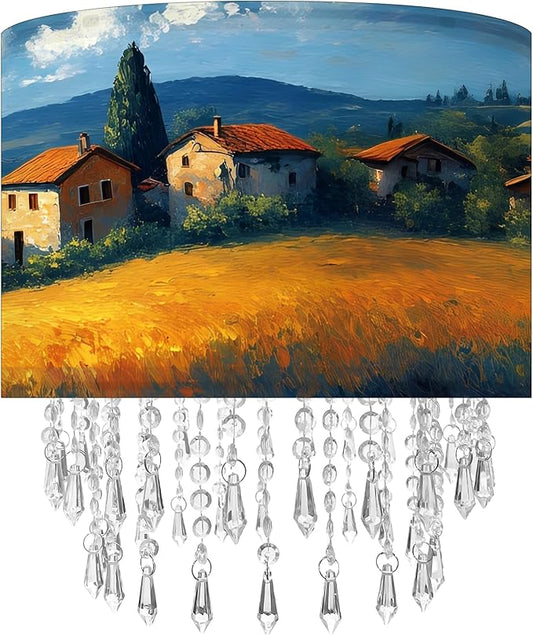 Pastoral Landscape Lamp Shade with Acrylic Bead Droplets, Drum Fabric Light Shade for Ceiling Pendant Table & Floor Lamps, Farmhouse Country Style Decor, 11.8in