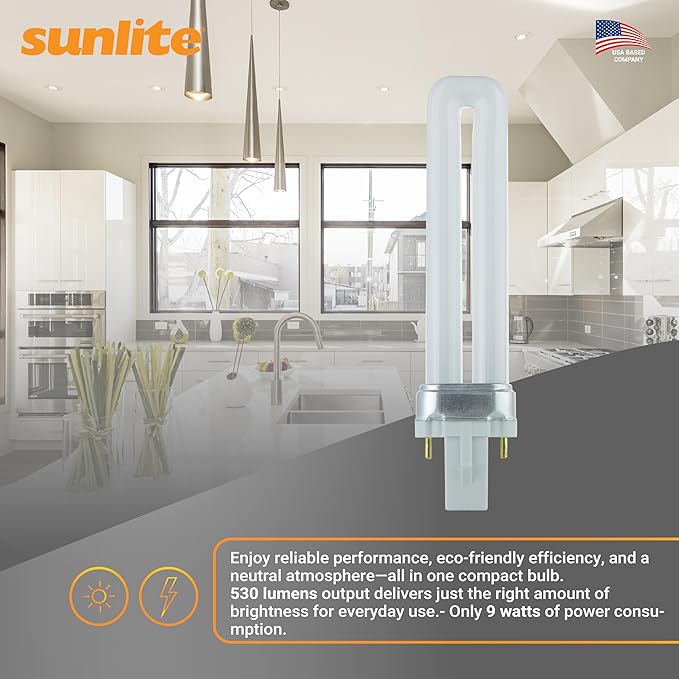 Sunlite Compact Fluorescent PL 2-Pin Single U-Shaped Twin Tube, 9 Watts, 120 Volts, 530 Lumens, 3500K Neutral White, 2-Pin G23 Base, 10 Pack