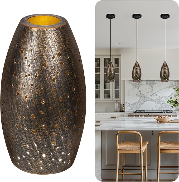 Pendant Light Shade Replacement with 1-5/8" Fitter, Metal Lampshade Height 7.8 in Diameter 4.7 in, Antique Bronze Oval Shaped Cover for Pendant Kitchen Wall Sconce Chandelier Vanity Light 1-Pack