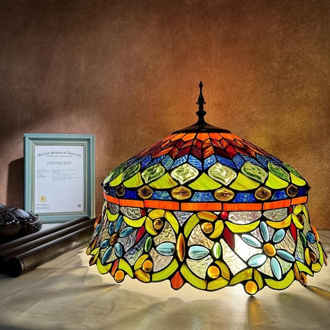 Tiffany Floor Lamp with Bead Jewel Glass Vintage Standing Lamp with Pull Chain Traditional Stained Glass Floor Reading Light for Living Room Bedroom Farmhouse - Handmade Art Glass Shade