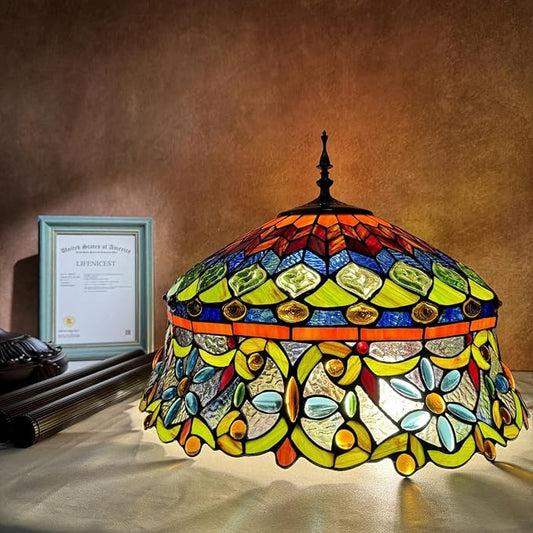 Tiffany Floor Lamp with Bead Jewel Glass Vintage Standing Lamp with Pull Chain Traditional Stained Glass Floor Reading Light for Living Room Bedroom Farmhouse - Handmade Art Glass Shade