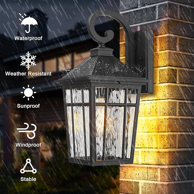 Darkaway 2pcs Large Outdoor Wall Lights for House, 18inch Exterior Lighting Fixtures Wall Mount Outdoor Porch Lights Black Outside Sconce Lights with Water Ripple Glass for Patio Garage Hallway