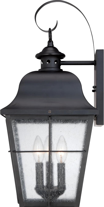 Quoizel Millhouse Outdoor Wall Lantern, 22 Inch, 3-Light Mystic Black Traditional Wall Sconce, Clear Seeded Glass, 60W, Exterior Wall Lantern Fixture, Outside Lights for Patio, Porch, Garage or Yard