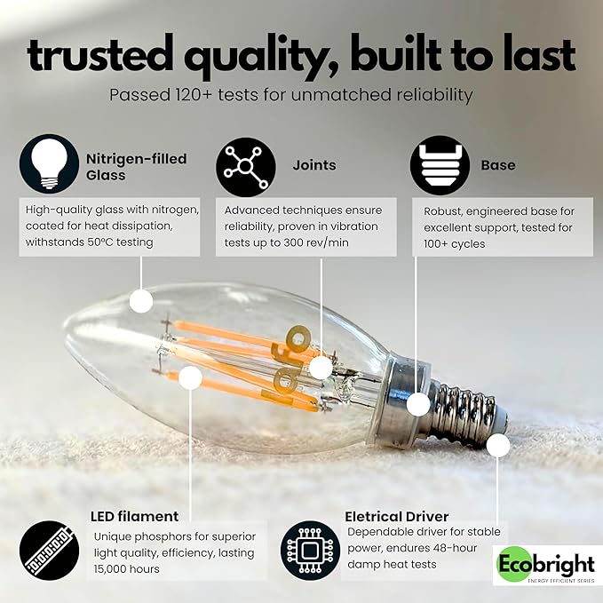 EcoBright Dimmable LED Candelabra Light Bulbs, B11 Chandelier Bulbs 60W Equivalent E12 Base, 2700K Warm White, CRI90, High Color Accuracy, Flicker Free, ETL and FCC Certified,12 Pack