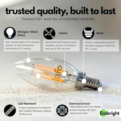EcoBright Dimmable LED Candelabra Light Bulbs, B11 Chandelier Bulbs 60W Equivalent E12 Base, 2700K Warm White, CRI90, High Color Accuracy, Flicker Free, ETL and FCC Certified 8 Pack