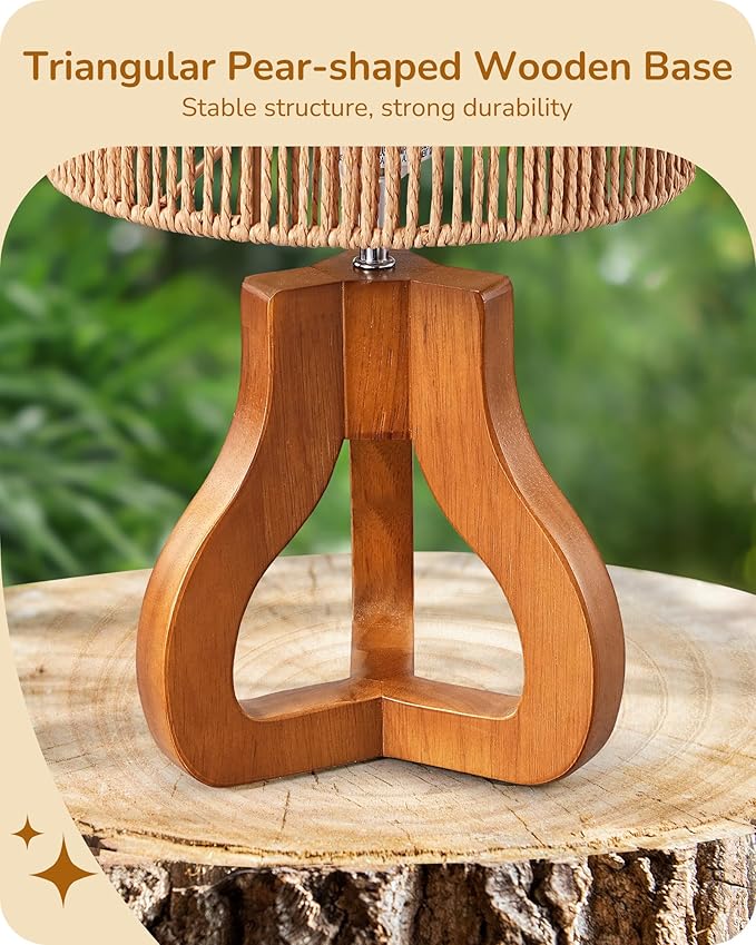 EDISHINE Small Table Lamp, Rose Wood Tripod Nightstand Lamp, Handwoven Paper Rope Shade, 14.6" Rattan Bedside Lamp for Bedroom Living Room, Office, On-Off Line Switch, E26 Base(Bulb Not Included)