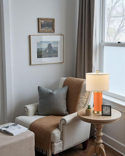 KDG 23.4" Orange PU Leather Table Lamps for Living Room Set of 2, 3 Level Brightness LED Modern Home Decor Fabric Lampshade Desk Lamp Lighitng for Bedroom, Bedside, Farmhouse, Nightstand, Night Light