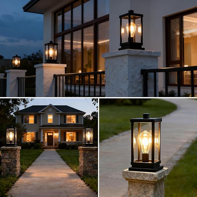 Outdoor Post Light Fixture, Hardwired Aluminum and Clear Glass Lamp Post Lantern, Waterproof Exterior Light for Yard, Driveway, Garden, Gate Pillar,E26 Base (Bulb Not Included)