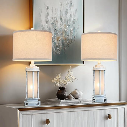 25" Rustic Table Lamps Set of 2, Vintage Nightstand Lamps with 2 USB Ports, Farmhouse Antique White Desk Lamp with Glass Night Light for Living Room Bedroom Dorms, 4 Bulbs Included