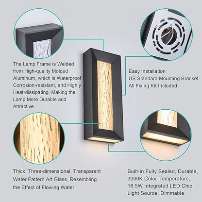 Modern 15in LED Outdoor or Indoor Wall Light with Cast Art Glass,Integrated LED 18.5W 3000K,IP65 Waterproof,Aluminum Extrusions in Textured Black,Wall Mount for Patio, Entryway, Garage