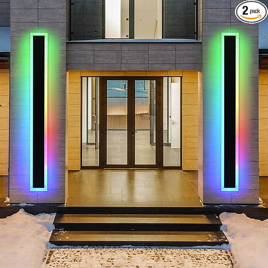 MELUCEE 2pcs 60in Long RGB Outdoor Wall Light Fixture, 5.1in Wide Dimmable Exterior Wall Lights IP65 Waterproof for Garage and Front Door, Long Outside Wall Sconce Black LED Outdoor Entrance Lighting