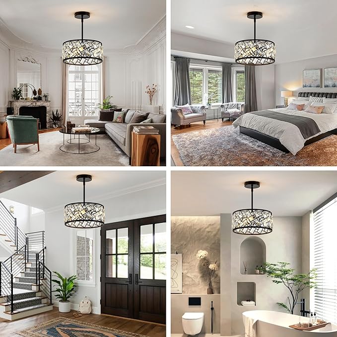 3-Light Crystal Ceiling Light Fixture, Modern Semi Flush Mount Ceiling Light, Black Crystal Chandelier for Kitchen Bedroom Bathroom Entryway Hallway