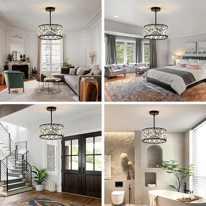 3-Light Crystal Ceiling Light Fixture, Modern Semi Flush Mount Ceiling Light, Black Crystal Chandelier for Kitchen Bedroom Bathroom Entryway Hallway
