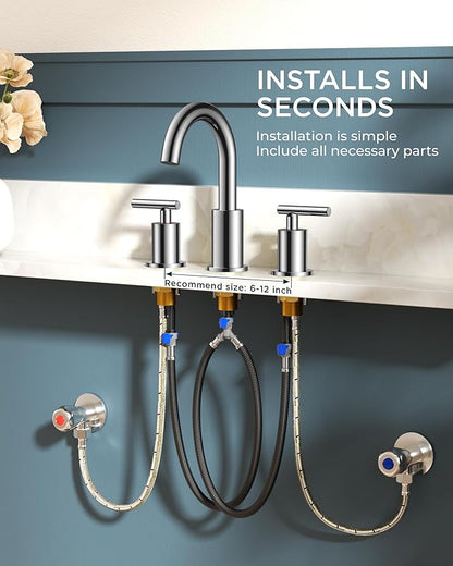 FORIOUS Chrome Bathroom Faucet 3 Hole, 8 Inch Widespread Bathroom Sink Faucet Polished Chrome 6 in with Metal Pop Up Drain and 24" Supply Line, 360 Degree Swivel Gooseneck for 3 Hole Vanity Sink RV