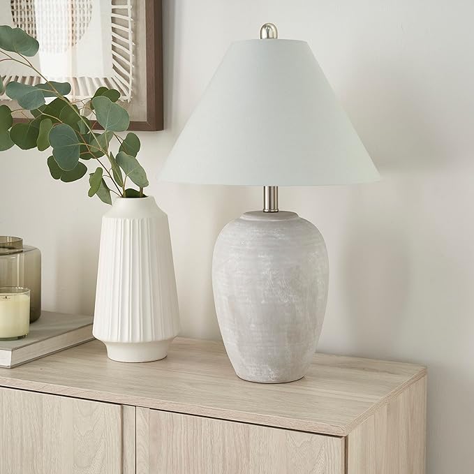 Nourison Home 23" Grey Vintage Distressed Ceramic Pot Table Lamp for Bedroom, Living Room, End Table, with Grey Conical Empire Shade