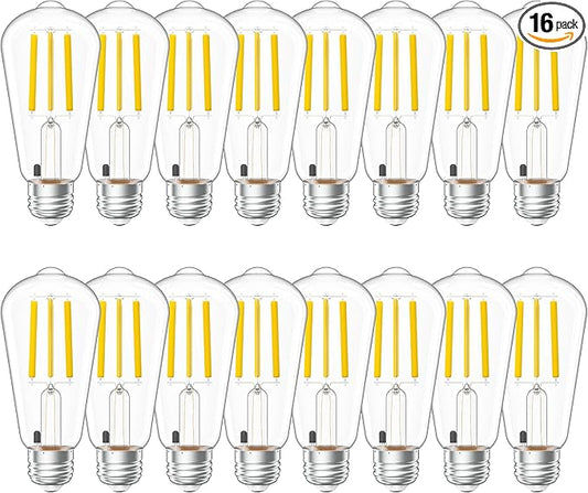 Sunco 16 Pack Dusk to Dawn Indoor Residential Vintage LED Edison Bulbs, 75W Equivalent 7W, 850 Lumens Non-Dimmable ST58 Filament, ST18, 5000K Daylight, E26 Medium Base 120V Clear Glass Light Bulbs