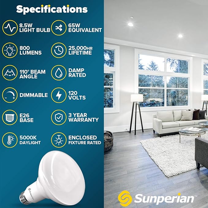 SUNPERIAN 6 Pack BR30 LED Bulb, 8.5W=65W, 5000K Daylight, 800 Lumens, Dimmable Flood Light Bulbs for Recessed Cans, Enclosed Fixture Rated, Damp Rated, UL Listed, E26 Standard Base