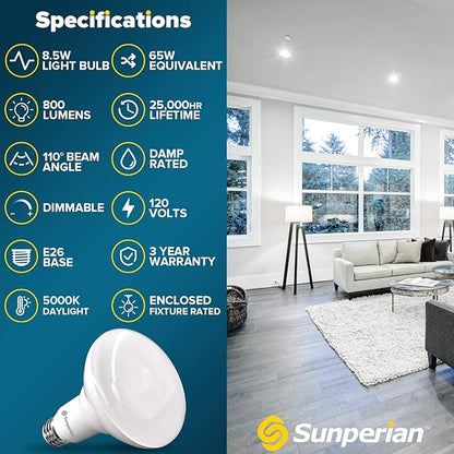 SUNPERIAN BR30 LED Bulb, 8.5W=65W, 5000K Daylight, 800 Lumens, Dimmable Flood Light Bulbs for Recessed Cans, Enclosed Fixture Rated, Damp Rated, UL Listed, E26 Standard Base (4 Pack)