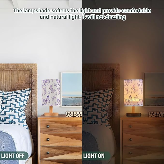 Bedside Lamp Purple Butterflies Table Lamp for Bedroom LED Nightstand Lamp Shade USB Ports Wood Base for Living Room Dorm Office