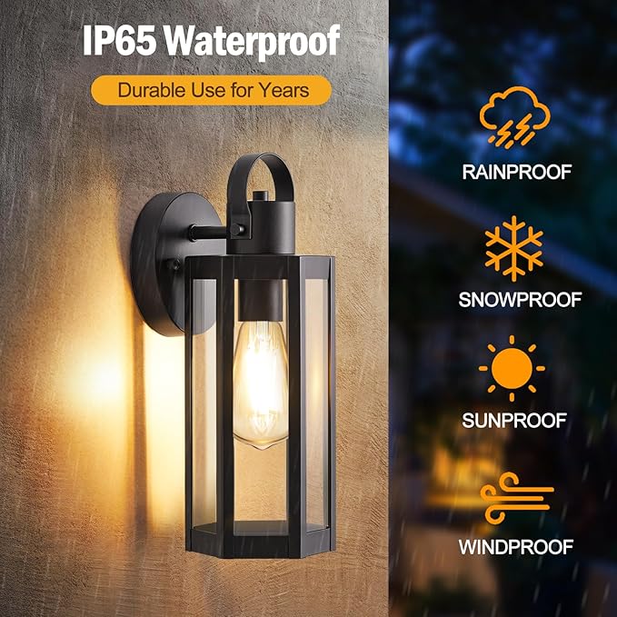 2 Pack Exterior Lighting Fixtures, Outdoor Wall Light with Clear Glass, Black Outside Front Porch Waterproof Sconce Lights Matte Wall Mount Lamp Modern Lanterns for House Patio Door Garage