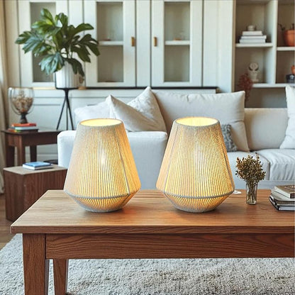 JHY DESIGN Set of 2 Woven Lampshade Table Lamps 8" H Cotton Rope Bedside Light‌s Cordless Decorative Battery Operated Lamps with 6 Hours Timer for Bedroom Living Room Home Parties Patio Events
