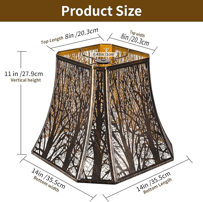 Metal Bell Lamp Shade, Large Lampshade (Spider Fitter) Square Cut Corner, Etched Forest Lamp Shades for Table Lamps and Floor Lamps, Bronze Gold Tree Pattern, 8" Top x 14" Bottom x 11" High