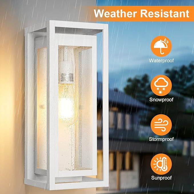 15" Large Outdoor Wall Lights, 2 Pack White Outdoor Light Fixtures, Modern Waterproof Exterior Lighting Sconces with Clear Glass Shade for Front Door, Porch, Garage