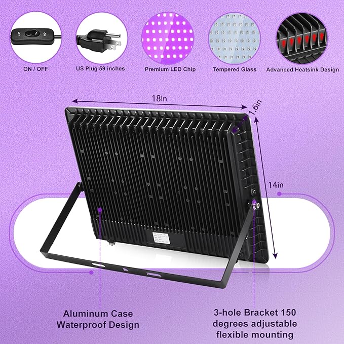 2 Pack 600W LED Black Lights, 395nm to 410nm Outdoor Flood Blacklight Light with Plug, IP66 Waterproof forGlow in The Dark, Dance Party, Stage Lighting, Body Paint, Fluorescent Poster, Neon Glow