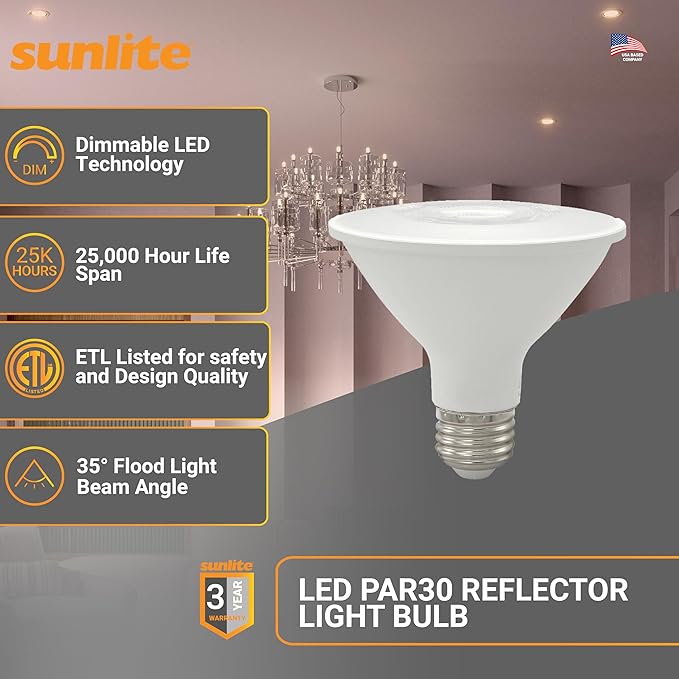 Sunlite Reflector PAR30 LED Bulb, Spotlight, 9W (75W=), 750 Lmns, Medium E26 Base, 90 CRI, Dimmable, Decorative Track Lighting Use, ETL, Title-20 Compliant, Bulk, 24 Pack, 30K-Warm White