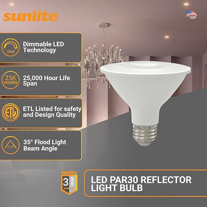 Sunlite Reflector PAR30 LED Bulb, Spotlight, 9W (75W=), 750 Lmns, Medium E26 Base, 90 CRI, Dimmable, Decorative Track Lighting Use, ETL, Title-20 Compliant, Bulk, 24 Pack, 30K-Warm White