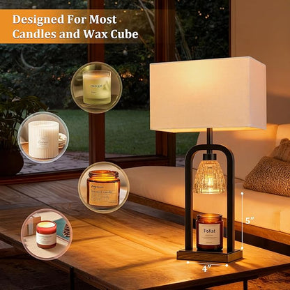PoKat Table Lamps with Candle Warmer & Timer for Bedroom, Farmhouse Bedside Lamps Set of 2 for Night Stands, 21.5'' Bedroom Lamps Decor for Living Room, Dinning, Hallway, Bulbs Included, Black