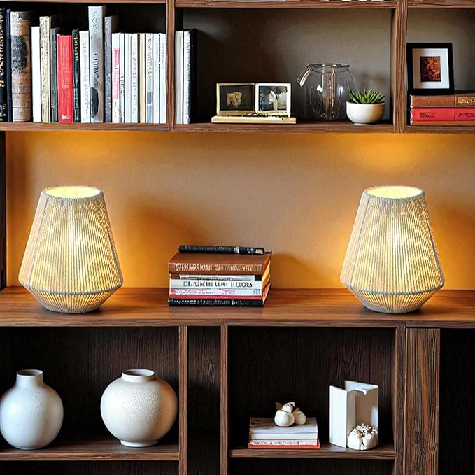 JHY DESIGN Set of 2 Woven Lampshade Table Lamps 8" H Cotton Rope Bedside Light‌s Cordless Decorative Battery Operated Lamps with 6 Hours Timer for Bedroom Living Room Home Parties Patio Events