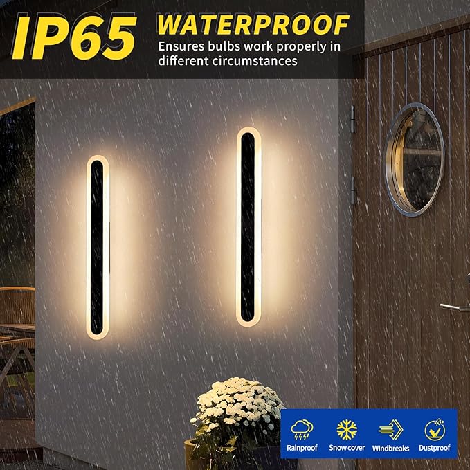 2 Pack 23.6inch Exterior Wall Light Fixture, Long Outdoor Modern LED Wall Lights, 3 Color 3000K/4500K/6000K, 24W, IP65 Waterproof Oval Outside Porch Lighting for House, Garage, Fence, Garden