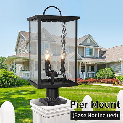 23" Large Outdoor Post Light Fixture, Modern Black Pole Lantern with Water Ripple Glass, Farmhouse Post Cap Lamp with E12 Sockets for Garden, Pathway, Courtyard, Porch, Driveway, Street
