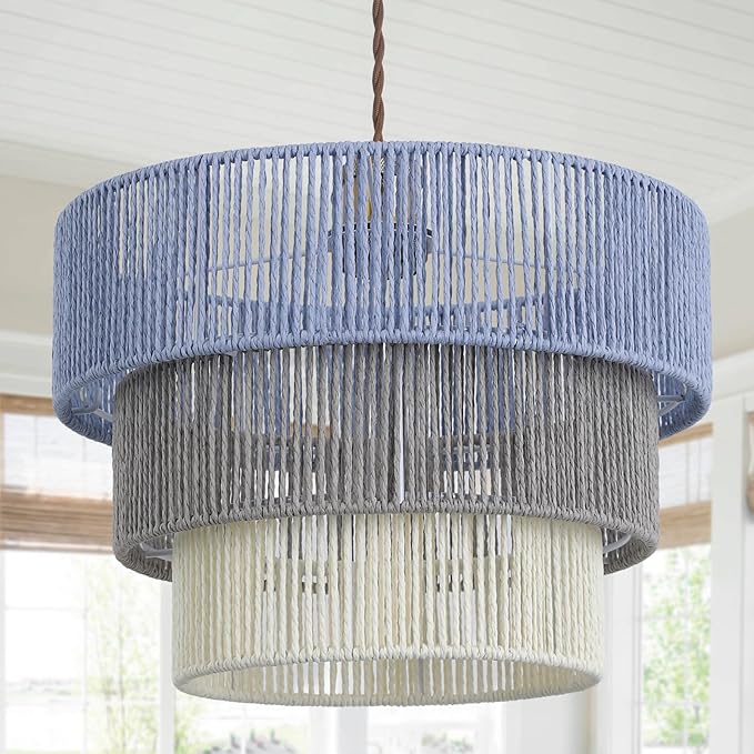 Boho Rattan Lamp Shade in Pastel Blue Gray & White, 3-Tier Drum Style Replacement Shade for Pendant, Chandelier, Floor Lamp, Rustic Hand-Woven Cover for Living Room, Kitchen, Bedroom, Office