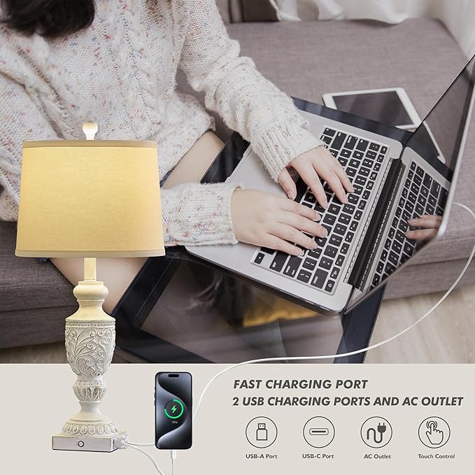 26.5" Farmhouse Table Lamp Set of 2, 3-Way Dimmable Touch Control Vintage Rustic Side Table Nightstand Lamps for Bedroom Living Room Study Room (Whitewashed Gold)