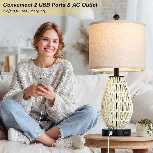 Touch Control Rattan Table Lamps, 3 Way Dimmable Bedside Lamps for Bedroom Set of 2 with 2 USB Ports and AC Outlet, Wicker Nightstand Lamps for Living Room (LED Bulbs Included), White