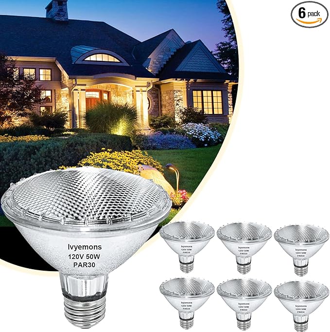 PAR30 Short Neck Halogen 50W - 6 Pack PAR30 Flood Light Bulbs E26 Base, PAR 30 Dimmable 2800K Warm White, Long Lasting PAR 30 Halogen Bulb for Accent Lighting, Tracking Light, Recessed Light