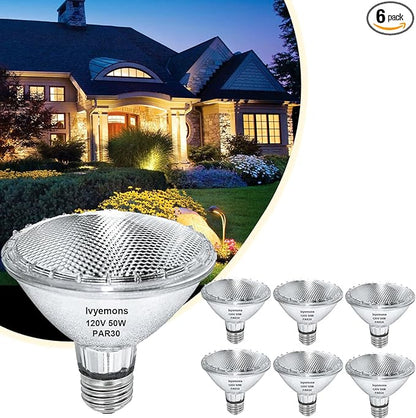 PAR30 Short Neck Halogen 50W - 6 Pack PAR30 Flood Light Bulbs E26 Base, PAR 30 Dimmable 2800K Warm White, Long Lasting PAR 30 Halogen Bulb for Accent Lighting, Tracking Light, Recessed Light