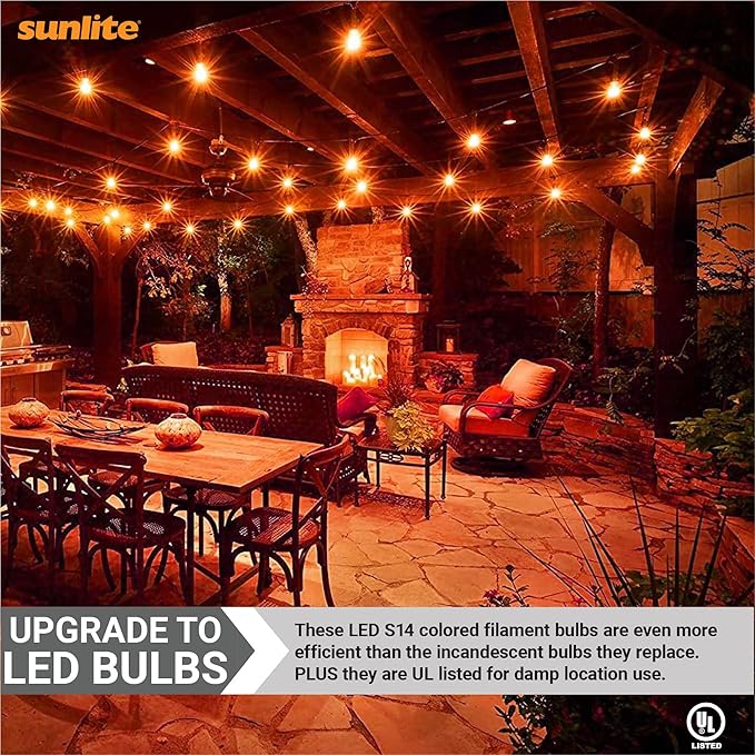 Sunlite LED S14 String Light Bulb, 2 Watts (25W Equivalent), Medium E26 Base, Party Decoration, Holiday Lighting, Transparent, Dimmable, UL Listed, Orange, 6 Count