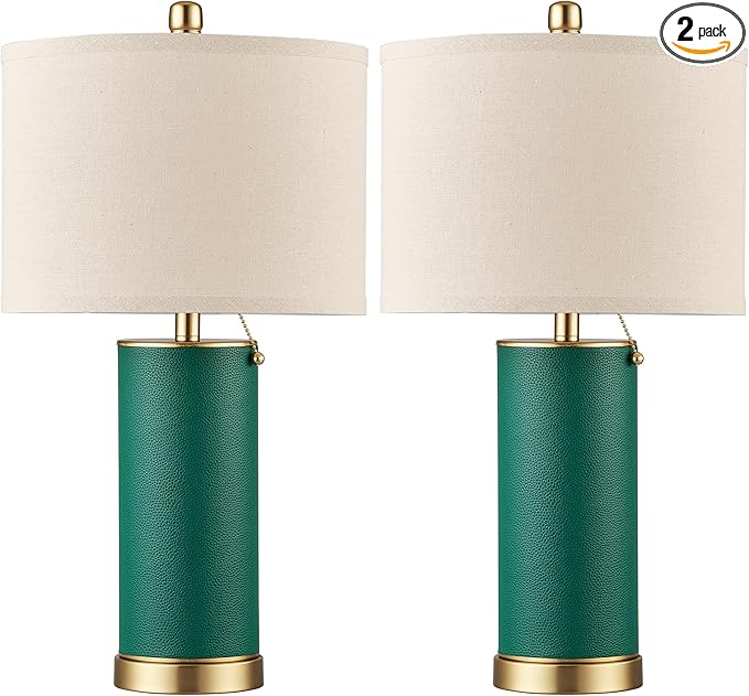 KDG 23.4" Green PU Leather Table Lamps for Living Room Set of 2, 3 Level Brightness LED Modern Home Decor Fabric Lampshade Desk Lamp Lighitng for Bedroom, Bedside, Farmhouse, Nightstand, Night Light