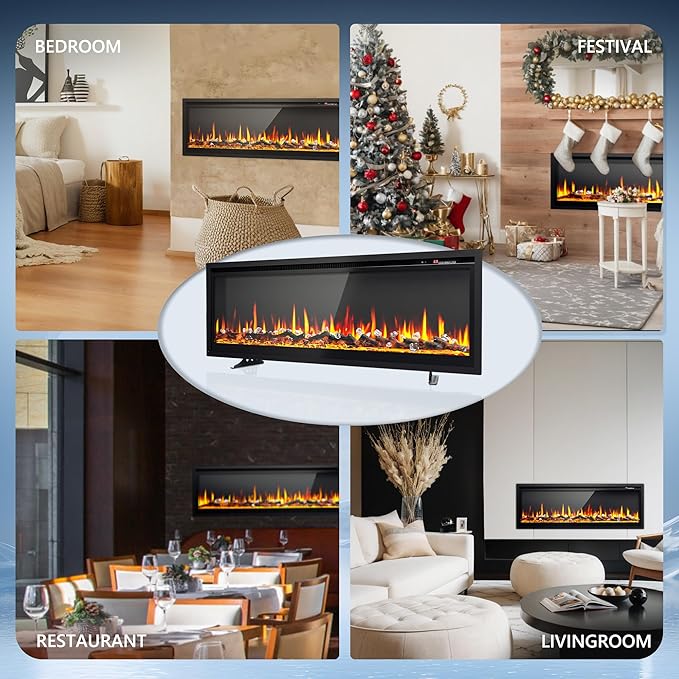 EUHOMY 50 Inch Electric Fireplace Recessed Wall Mounted Freestanding with Remote Control, Ultra-thin Fireplace Heater with Adjustable Flame Color, Linear Fireplace with Timer, Log & Crystal, 750/1500W