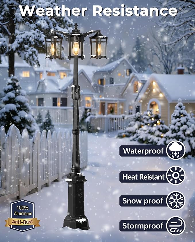 Lotsky Motion Sensor Outdoor Post Lights,360°Detection Dusk to Dawn Lamp Posts Outdoor Lighting with 3 Modes,Black 3-Head Aluminum Outside Street Light for Garden,Driveway,Patio,Waterproof,E26 Base