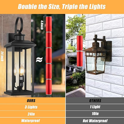 24" Extra Large Outdoor Wall Light Fixture 2-Pack, Black 3-Light Modern Porch Lantern, Waterproof Exterior Lighting Sconce Wall Mount, Outside Lamp for House Garage Patio E12 Base