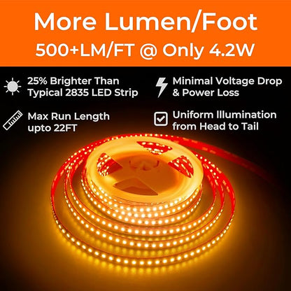 24V 2835 LED Strip Lights 2700K, 500+LM/FT, 16.4FT, UL Listed, CRI95, High Density 160LEDs/m Tape Light, Cuttable, Dimmable, VHB Equipped, for Pros, Hallways, Lounges, Stages (NO Power Supply)